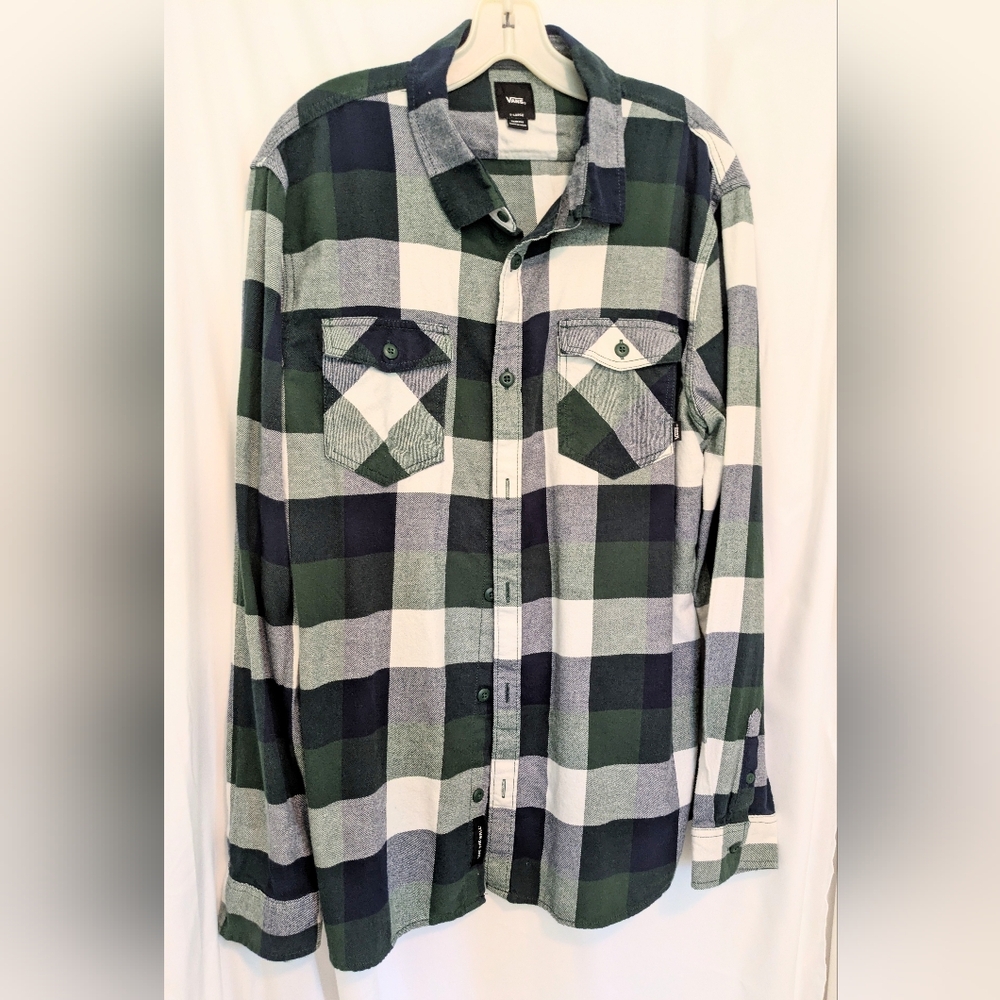 Vans Men's Blue, Green and White Plaid Flannel Shirt